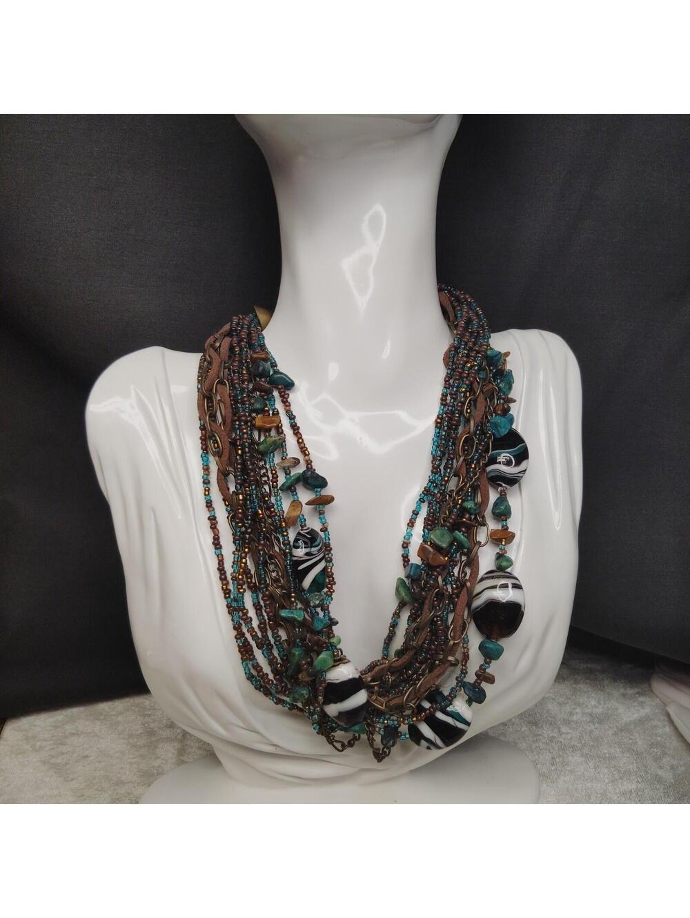 Boho Seed bead glass turquoise & Tiger's Eye Beaded Multistrand Necklace